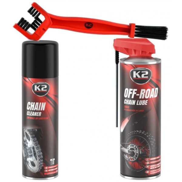 Set K2 Spray Curatat Lant Chain Cleaner 500ML W148NM + K2 Spray Lubrifiant Lant Chain Lube Off Road 500ML W140NM + K2 Perie Curatat Lant W612
